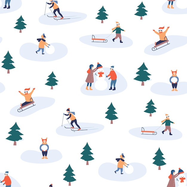 Child winter leisure. Happy holidays and merry Christmas. Kids make a snowman Seamless pattern.