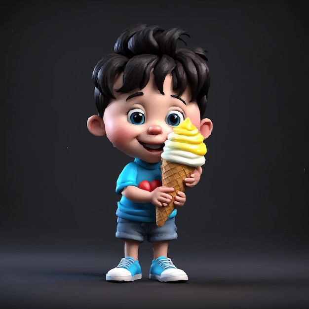 Child with a blue shirt and shorts holding an ice cream cone