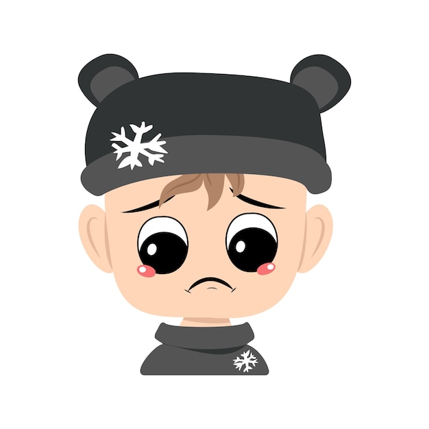 Child with crying and tears emotion sad face depressive eyes in bear hat with snowflake head of cute...