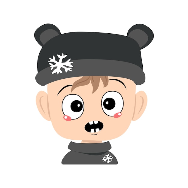 Child with emotions panic surprised face shocked eyes in bear hat with snowflake cute baby with scar...