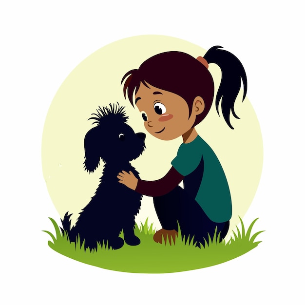 Vector a child with her cute pappy sitting on the field vector art illustration solid color vector isolated white background 12