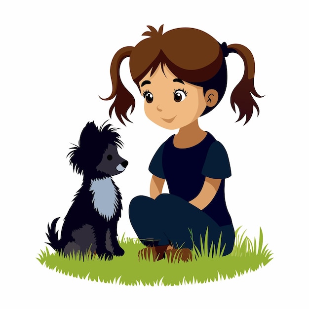 Vector a child with her cute pappy sitting on the field vector art illustration solid color vector isolated white background 22