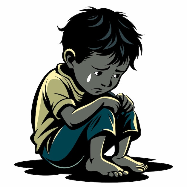 a child with a sad face sits on the ground