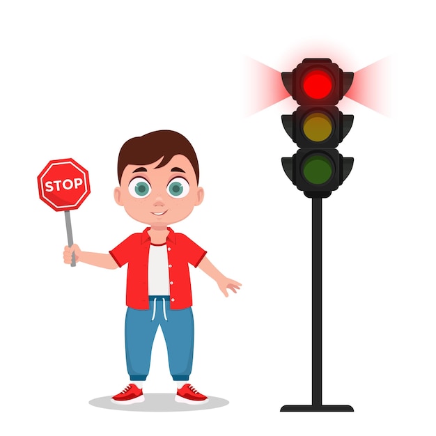 Child with stop sign. The traffic light shows a red signal. Vector illustration