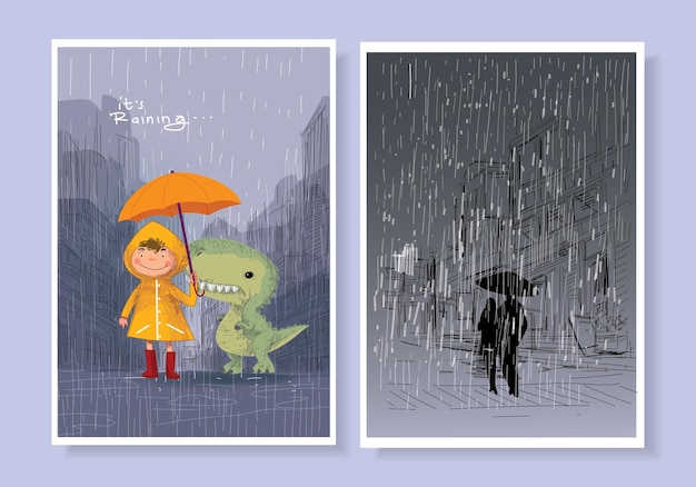 Child with yellow raincoat in the rain hand drawn vector illustration background Raining winter