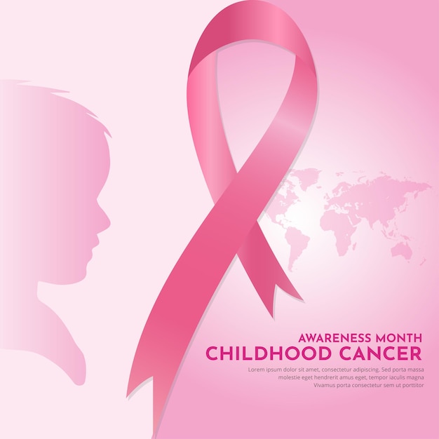 Childhood cancer awareness month design with pink ribbon world maps and silhouette boy