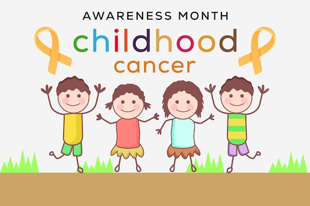 Childhood cancer awareness month hand drawn illustration with childrens and ribbon