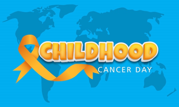 Childhood cancer day Text effect with ribbon and world map Vector