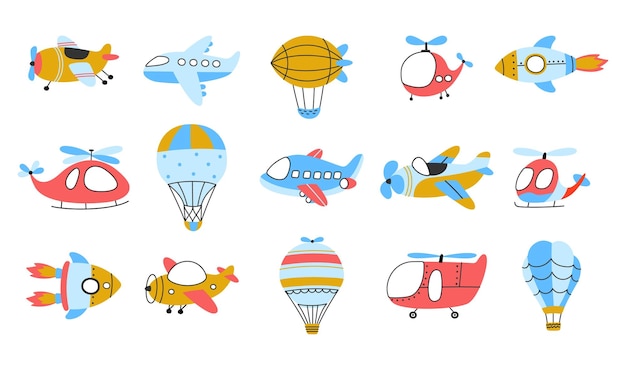 Childish air transport Hot air balloons airplane and airship Isolated flying transportation kids trip or adventure on plane Nowaday childish vector airline travel