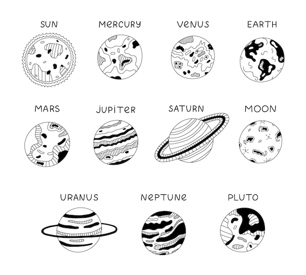 Vector childish black and white doodle set with planets stars and satellite of solar system in sequence