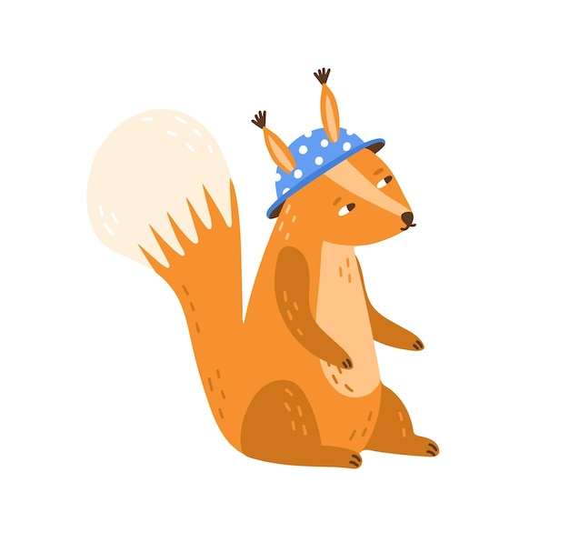 Childish character, funny squirrel in blue hat. Cute scandinavian forest animal cub wearing clothes. Flat vector cartoon illustration isolated on white background.