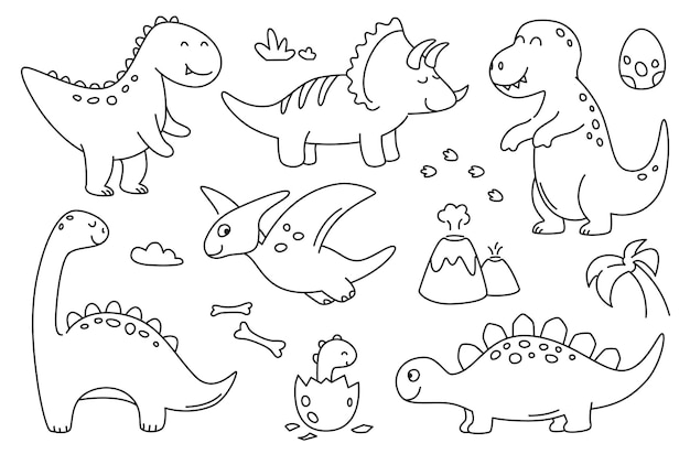 Childish dinosaurs doodle set isolated