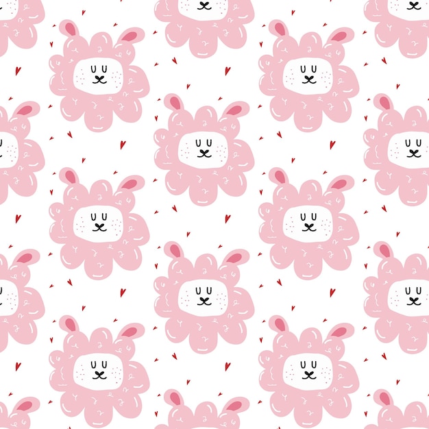 Childish handdrawn seamless pattern with cute sheep Pattern with sheeps head and hearts