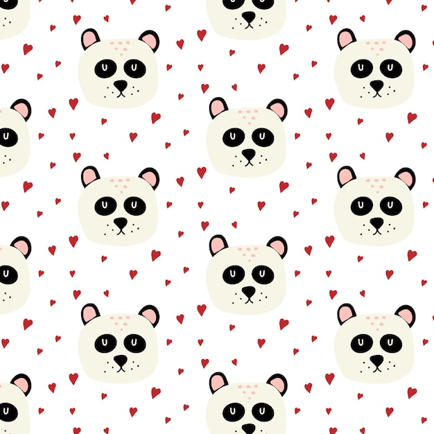 Childish handdrawn seamless pattern with panda Cute panda head with hearts