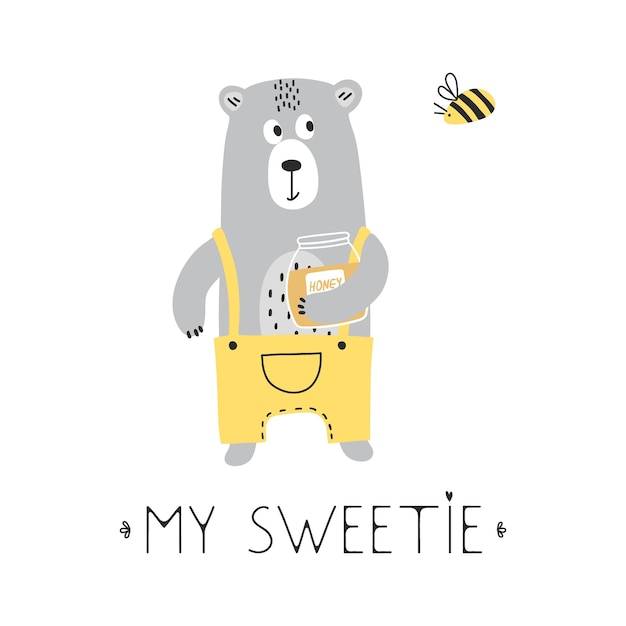 Childish illustration with cute bear with honey bee and lettering Illustration for card poster