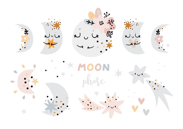 Childish moon phase in pastel colors. Crescent moon and cartoon stars for kids