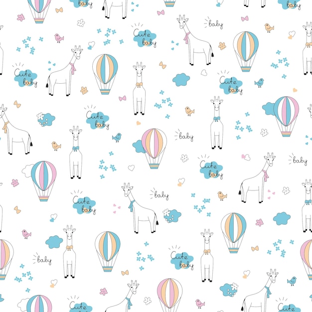 Childish pattern cute giraffe hot air balloon