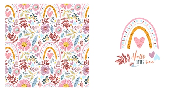 Childish pattern with Scandinavian rainbows and pink flowers. Set for baby shower.