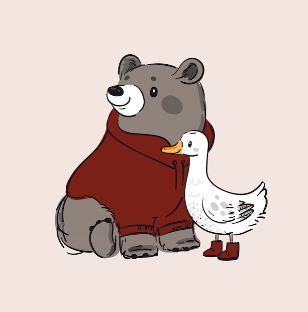 Childish print with baby bear and little duck