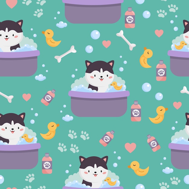 childish seamless pattern of cute cartoon Siberian Husky. Dog is washing in bath with yellow duck toy.