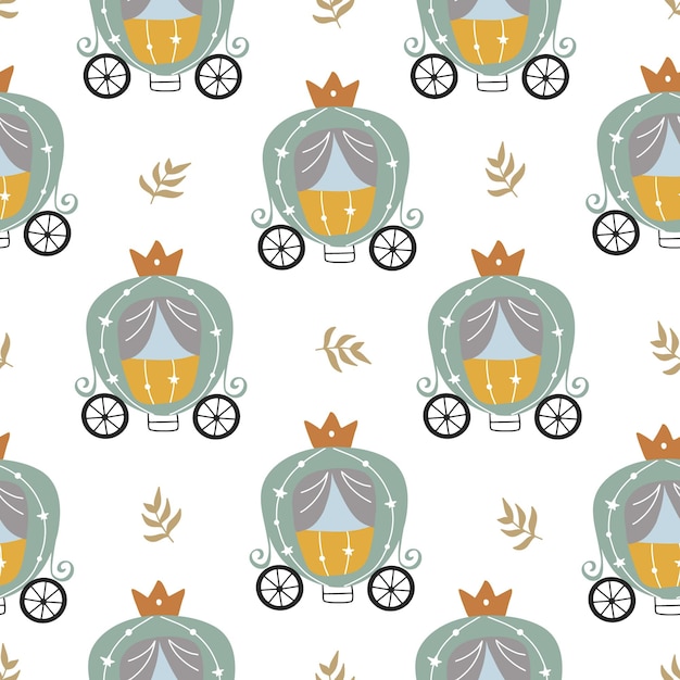 Childish seamless pattern of princess carriage hand drawn on white background for your design