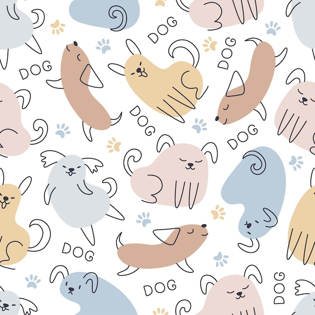 Childish seamless pattern in scandinavian style with funny hand drawn dogs