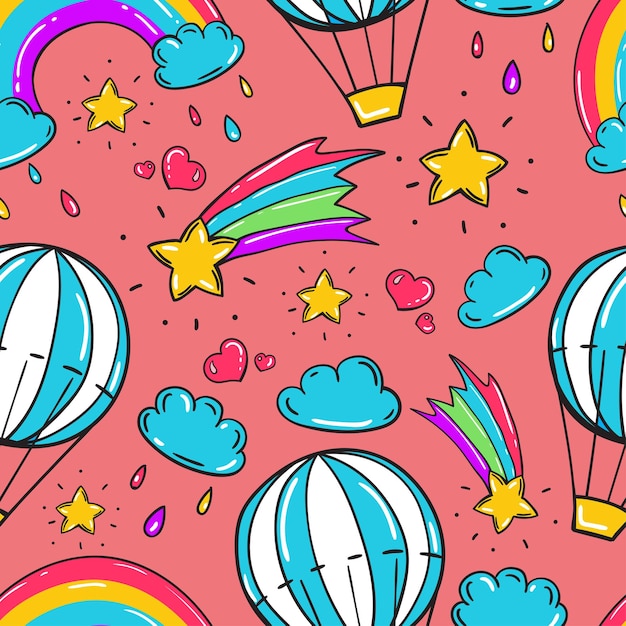 Childish seamless pattern with balloon, stars, rainbow and other elements in doodle style