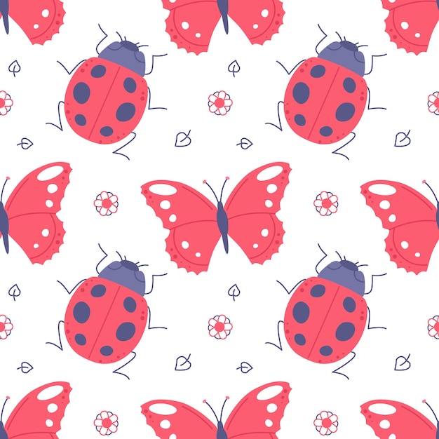 Childish seamless pattern with butterflies and ladybugs