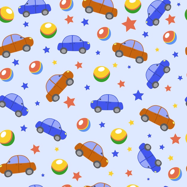 Vector childish seamless pattern with cars balls and stars design for children's fabric cover wallpaper