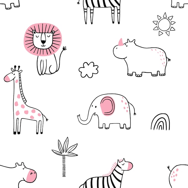 Childish seamless pattern with cartoon safari jungle animals zebra lion elephant giraffe