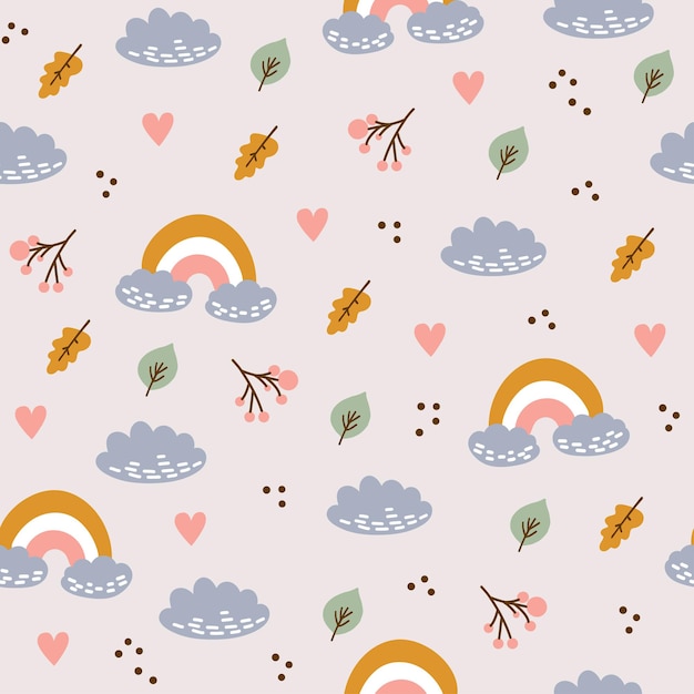 Childish seamless pattern with cute clouds rainbows leaves in Scandinavian style