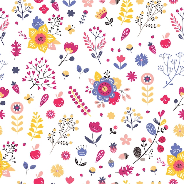 Childish seamless pattern with cute flowers in cartoon style.