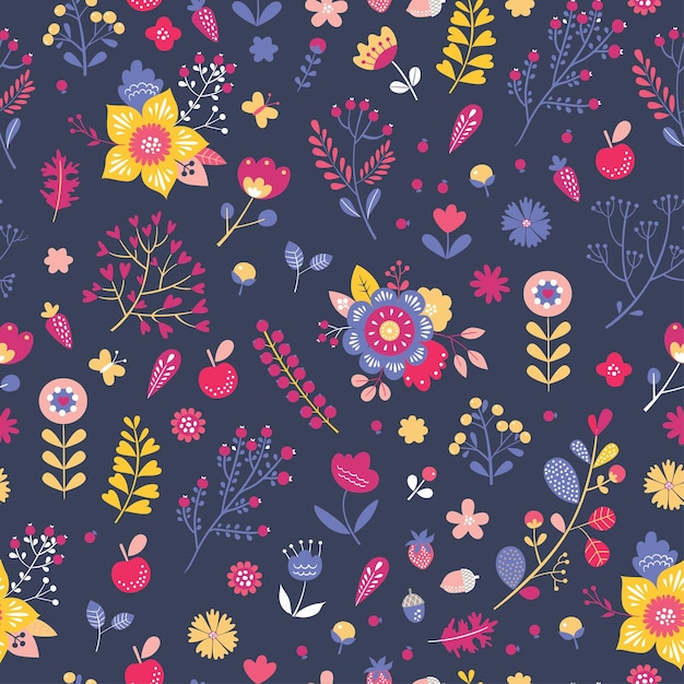 Childish seamless pattern with cute flowers in cartoon style.