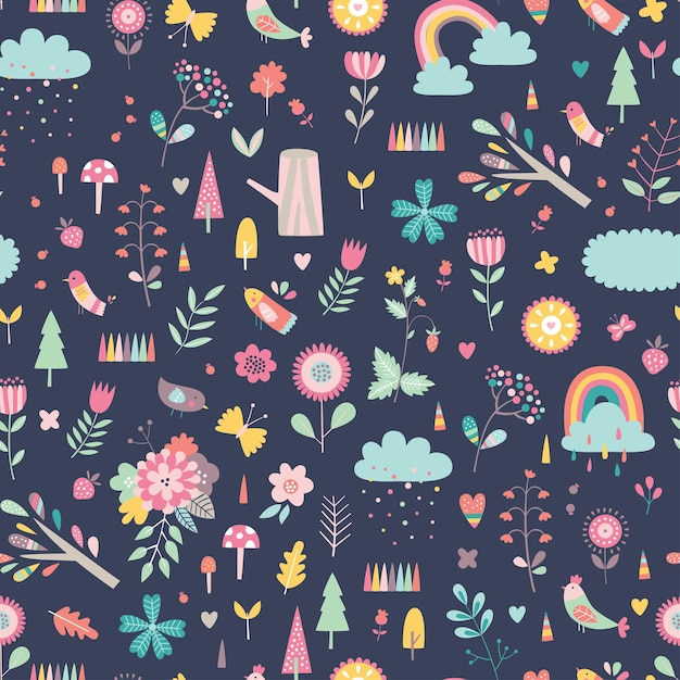 Childish seamless pattern with cute flowers and rainbows in cartoon style.