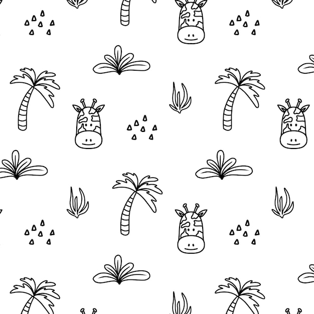 Childish seamless pattern with cute giraffe and palm tree. Doodle style. Giraffe head pattern. Vector illustration.