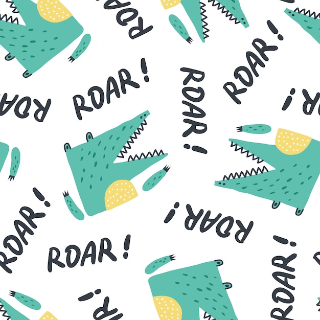 Childish seamless pattern with cute growling alligator.