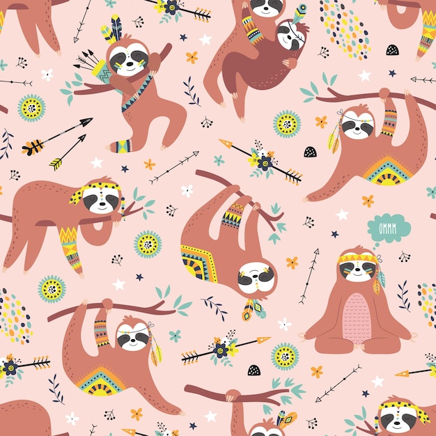 Childish seamless pattern with cute sloths