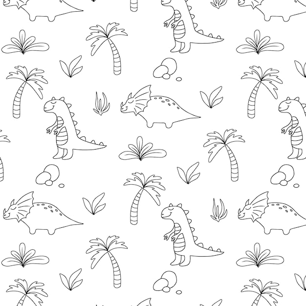 Childish seamless pattern with dinosaurs Handdrawn pattern with cute dino Vector illustration The pattern is suitable for fabrics wrapping paper and prints Doodle style