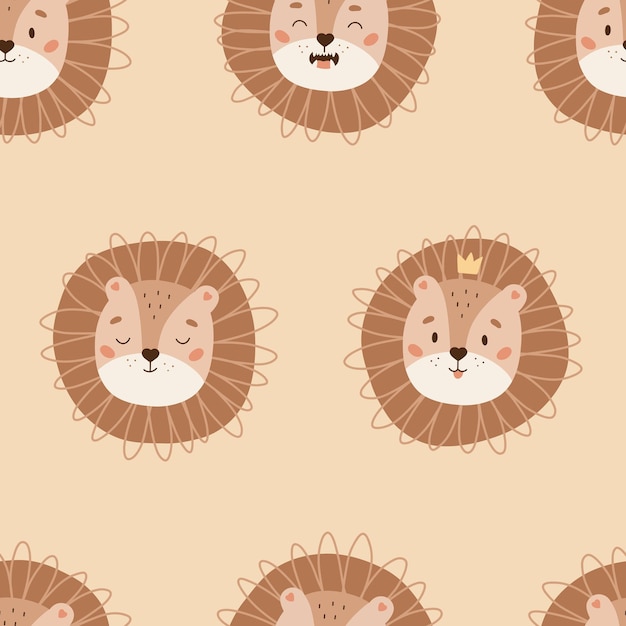 Childish seamless pattern with the face of a lion on a beige background