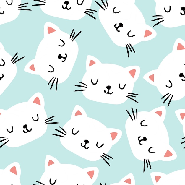 Childish seamless pattern with faces of cute white kittens on a blye background for baby print