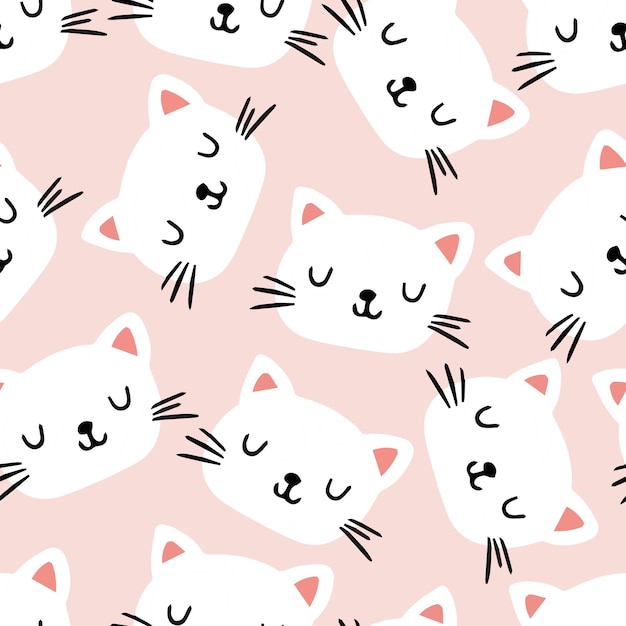 Childish seamless pattern with faces of cute white kittens on a pink background for baby print