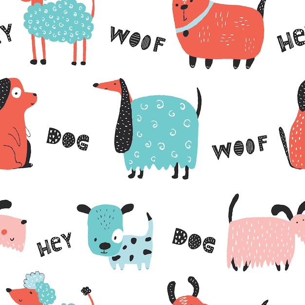 Childish seamless pattern with funny creative dogs Creative childish texture in scandinavian style Great for fabric textile Vector Illustration