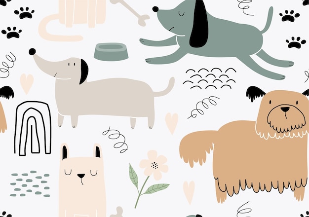 Childish seamless pattern with funny dogs.