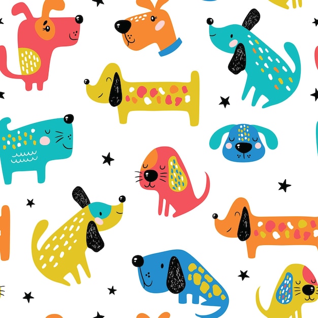 Childish seamless pattern with funny dogs.