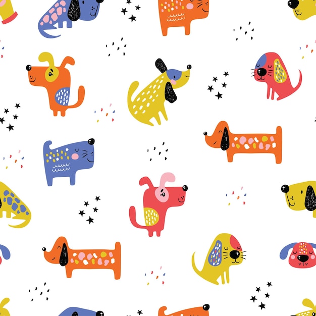 Childish seamless pattern with funny dogs.