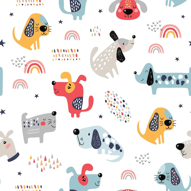 Childish seamless pattern with funny dogs.