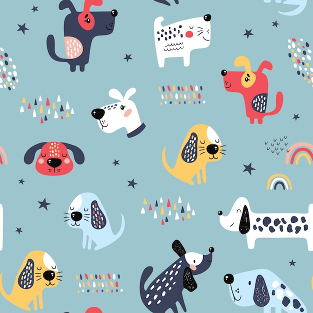 Childish seamless pattern with funny dogs.