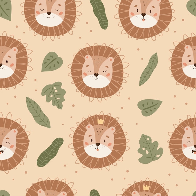 Childish seamless pattern with funny face of lions and palm leaves