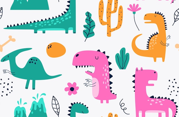 Childish seamless pattern with hand drawn dinosaur.