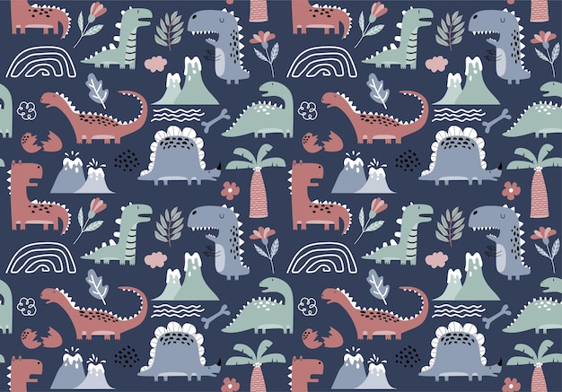 Childish seamless pattern with hand drawn dinosaur.